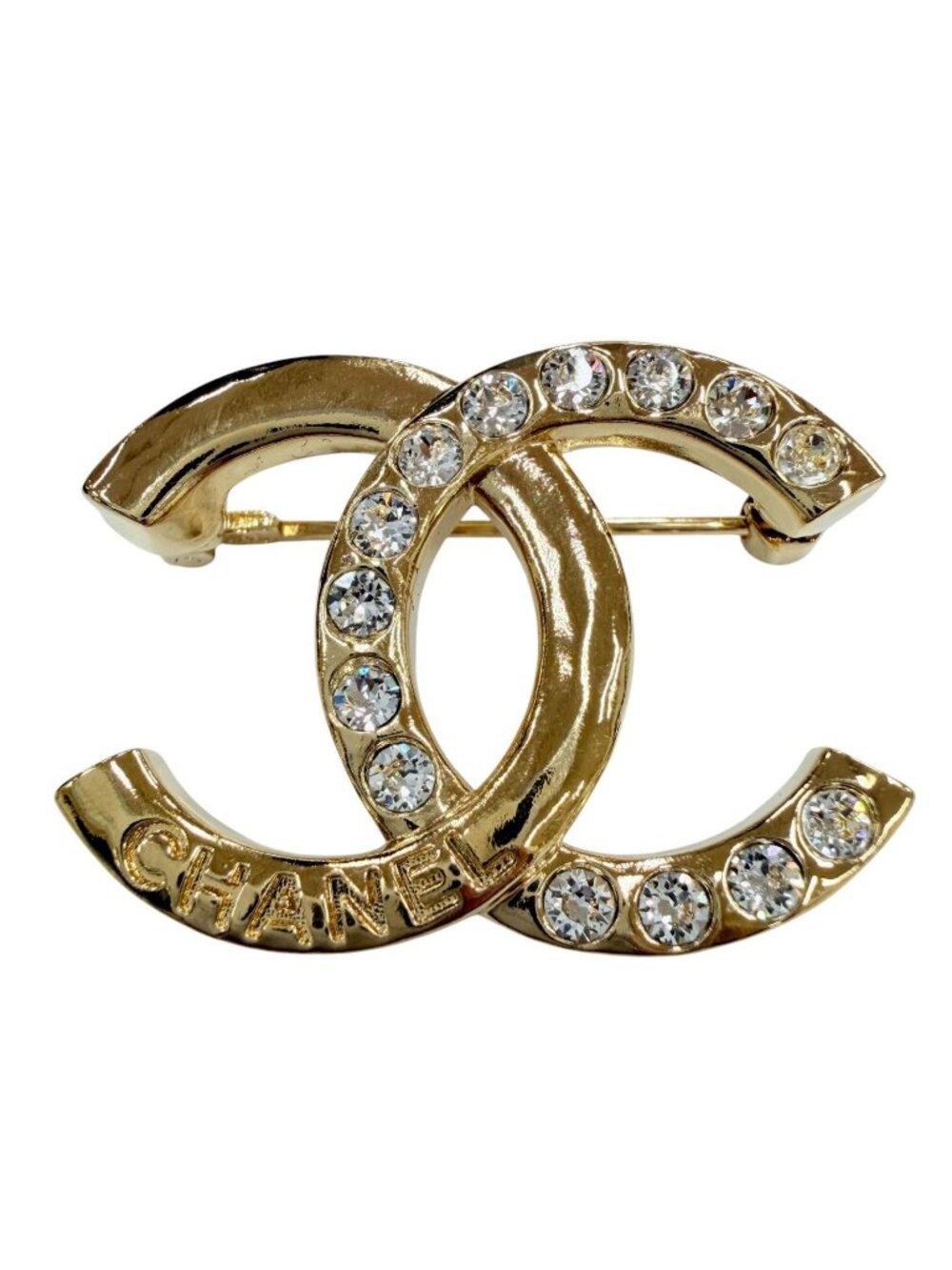 Chanel Metal CC Logo Rhinestone Brooch Gold